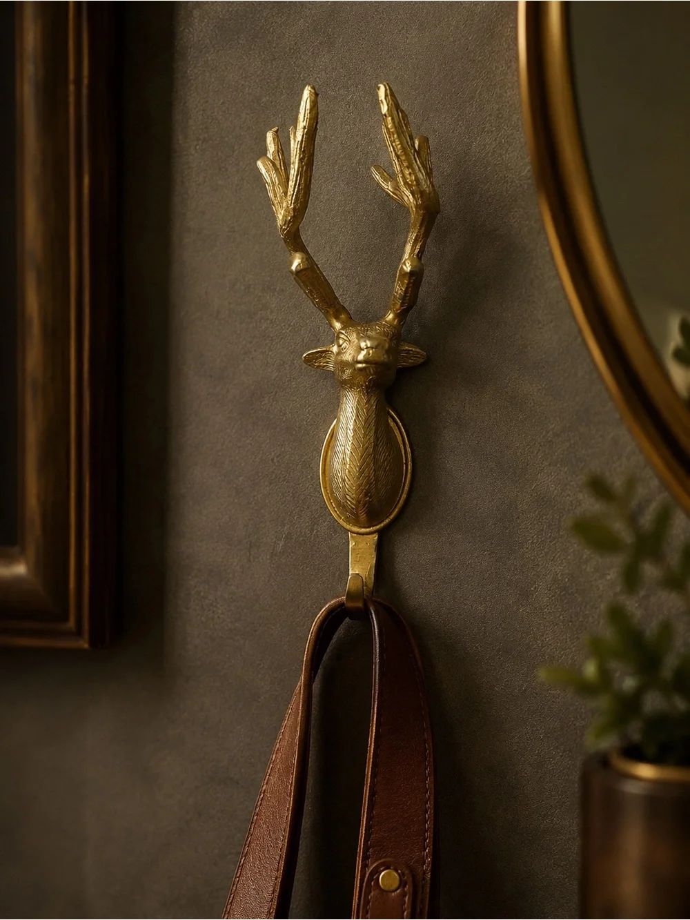 Vtg Cast Brass Stag Deer Head Wall Hook Equestrian Lodge Decor #06152610